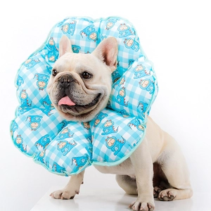 Adjustable light blue plaid sunflower Elizabeth collar for dogs on white background