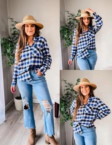 Detail view of a blue plaid button-down long sleeve shirt paired with denim jeans