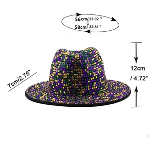 British style fedora hat with Mardi Gras sequins and detailed size measurements chart