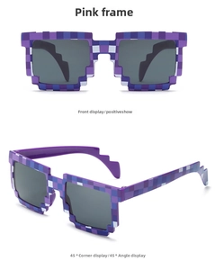 Macro detail of purple and blue mosaic pixel sunglasses with dark grey lenses