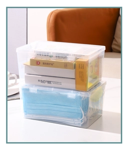 Stackable transparent plastic storage box with secure snap-lock lid for masks and medicine