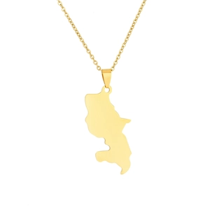 Flat lay of a gold stainless steel Martinique map pendant on a delicate chain