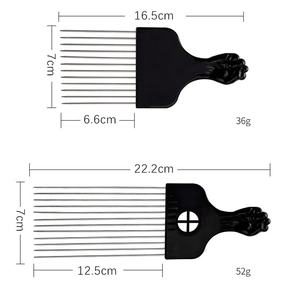 Detailed hair pick dimensions for small and large sizes with stainless steel teeth
