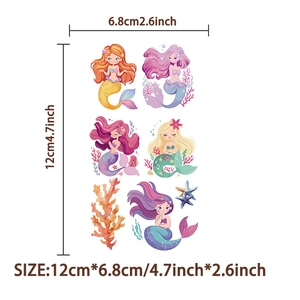 Detailed view of cartoon mermaid temporary tattoo stickers with size 12x6.8 cm measurement