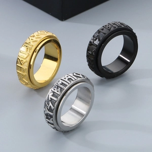 Vintage Viking Rune Spinner Ring Stainless Steel Nordic Character Rotatable Band Anxiety Relief Jewelry For Men Women