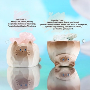 Cute cat-shaped bases with rose quartz and phoenix stone crystals for desk decor