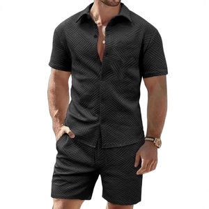 Men's summer black short sleeve shirt and shorts set with textured geometric patterns