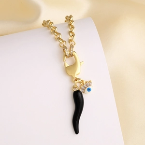 Gold evil eye and black cornicello chili pendant necklace with thick toggle chain link