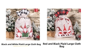 Detailed view of Christmas burlap gift bags with Santa and gnome prints in plaid designs