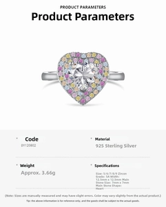 Detailed size specifications for S925 sterling silver ring with colorful heart zircons