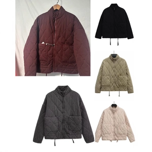 Women Quilted Padded Jacket Stand Collar Zip Up Lightweight Warm Diamond Pattern Pockets Casual Loose Fit Winter Outerwear