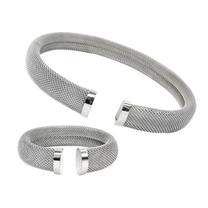 Hip hop style silver mesh titanium steel open cuff bracelets set for women