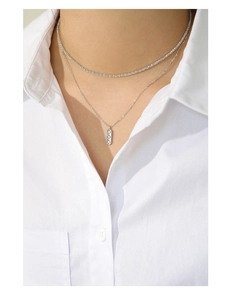 Double-layered S925 silver choker with zircon chain and geometric rectangular pendant