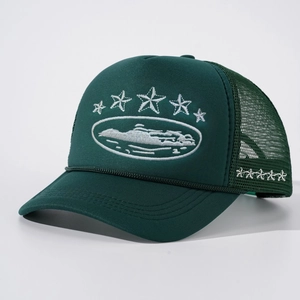 Dark green trucker hat with white star embroidery and mesh back for outdoor wear