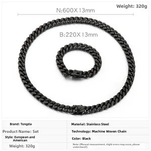Detailed view of the bold black stainless steel Cuban chain necklace and bracelet set