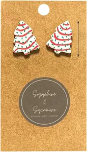 Detail view of 2cm white Christmas tree earrings with colorful pattern on kraft card