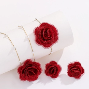 Elegant 18K gold-plated stainless steel jewelry set with red fabric roses and pearls