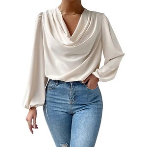 Elegant champagne satin cowl neck long sleeve chiffon blouse top for women