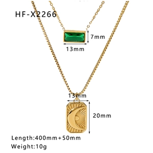 Detailed size view of double-layer stainless steel necklace with sun moon and green stone