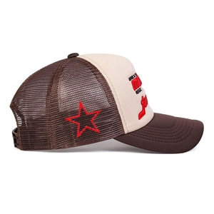 Brown and cream mesh trucker hat with red star embroidery and curved brim