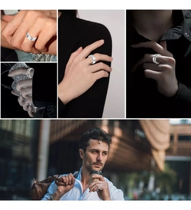Detailed views of men's titanium steel rings showing multiple angles and street style wear