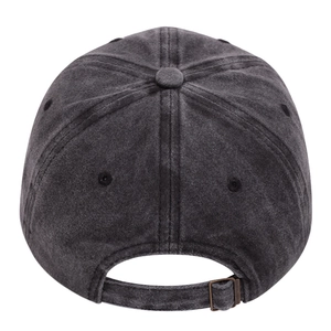 Detail of washed cotton baseball cap featuring adjustable metal buckle and retro fabric texture