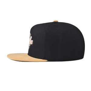 Flat brim Brooklyn baseball cap in black and camel patchwork with side embroidery detail