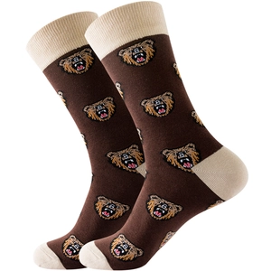Brown mid-calf socks with roaring bear patterns featuring beige cuffs and heels