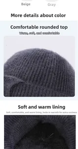 Detailed texture of thick knitted fabric and plush thermal lining for winter beanies
