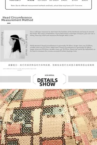 Size chart for sequin baseball cap with head circumference and brim dimensions