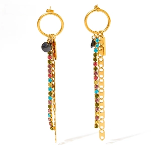 Detail of long tassel earrings with multicolored rhinestones and gold chain