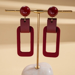 Retro burgundy rectangular earrings with resin and leather textures for elegant styling