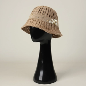 French style straw sun hat with pearls and flowers on elegant woven hollow design