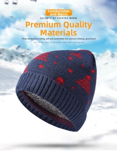 Detail of navy blue knitted hat with red pine tree patterns and thick gray fleece lining