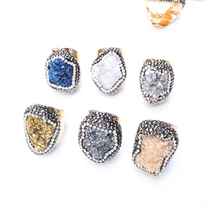 Bohemian druzy stone rings set with micro-paved crystal edges and gold plated bands