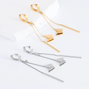 Frosted butterfly tassel earrings with metal drop chains in gold and silver finish