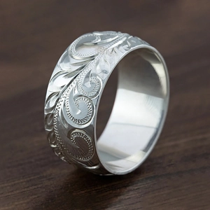 Vintage Vine Carved Wide Band Ring Copper Retro Flower Embossed Hawaiian Style Fashion Jewelry For Women Silver Color