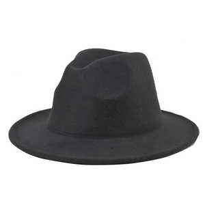 Side view of a structured flat-brim black wool felt fedora with a clean minimalist design