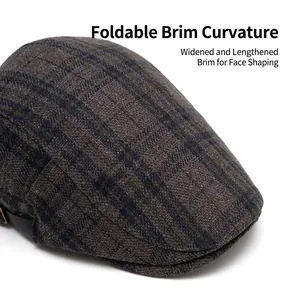 Brown plaid wool newsboy cap with adjustable strap and wide curved brim for men and women