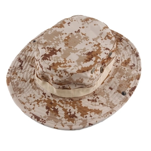 Tactical boonie hat in desert digital camo with side vent holes and webbing detail