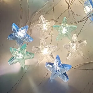 Starfish LED copper wire string lights with warm white glow for ocean theme decor