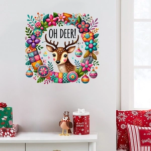 Christmas reindeer wall sticker with OH DEER slogan and colorful wreath for home decoration