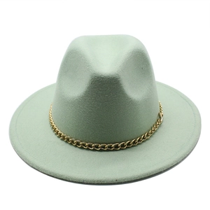 Detailed view of a light green wool felt fedora with a decorative gold chain band.