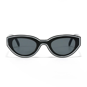 Retro cat-eye sunglasses with oval black frame and white lacquer trim for men and women
