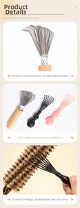 Close-up of stainless steel hair brush cleaning tool with wooden handle and plastic versions