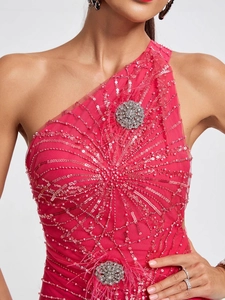 Magenta one-shoulder gown with sequins, beads, and feathers on a light gray background