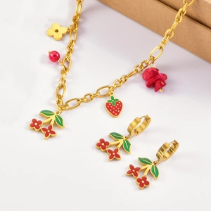 Sweet red strawberry and flower titanium steel jewelry set including necklace and earrings