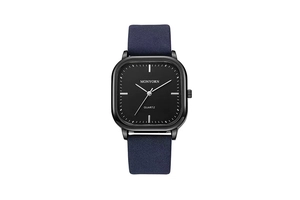 Close-up of square black watch dial with silver markers and blue leather strap