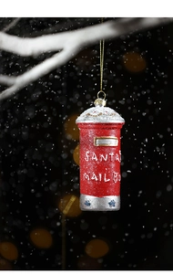 Red Santa Mail Box Christmas tree ornament with glittery snow and gold hanging string
