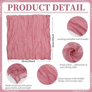Detail showing 50x50cm pink cheesecloth napkin with natural wrinkles and stitched edges